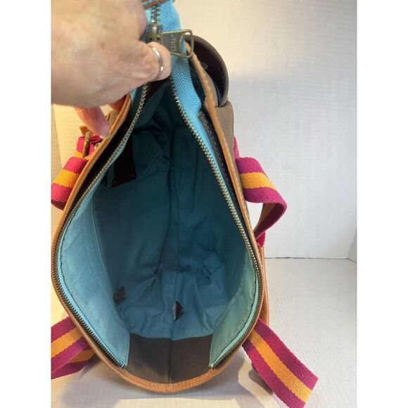 GAP 1969 Heavy Duty Brown Canvas Handbag Leather Trim Orange and Pink Stripes - Picture 14 of 16